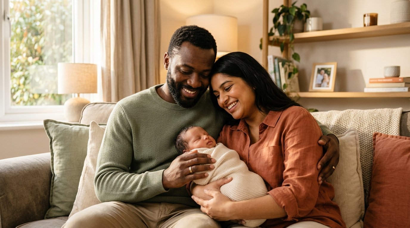 Happy family holding newborn baby